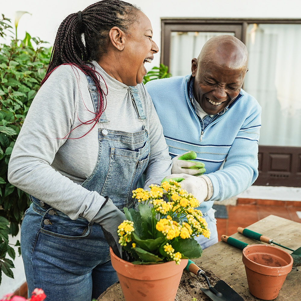 Una pareja que planta flores