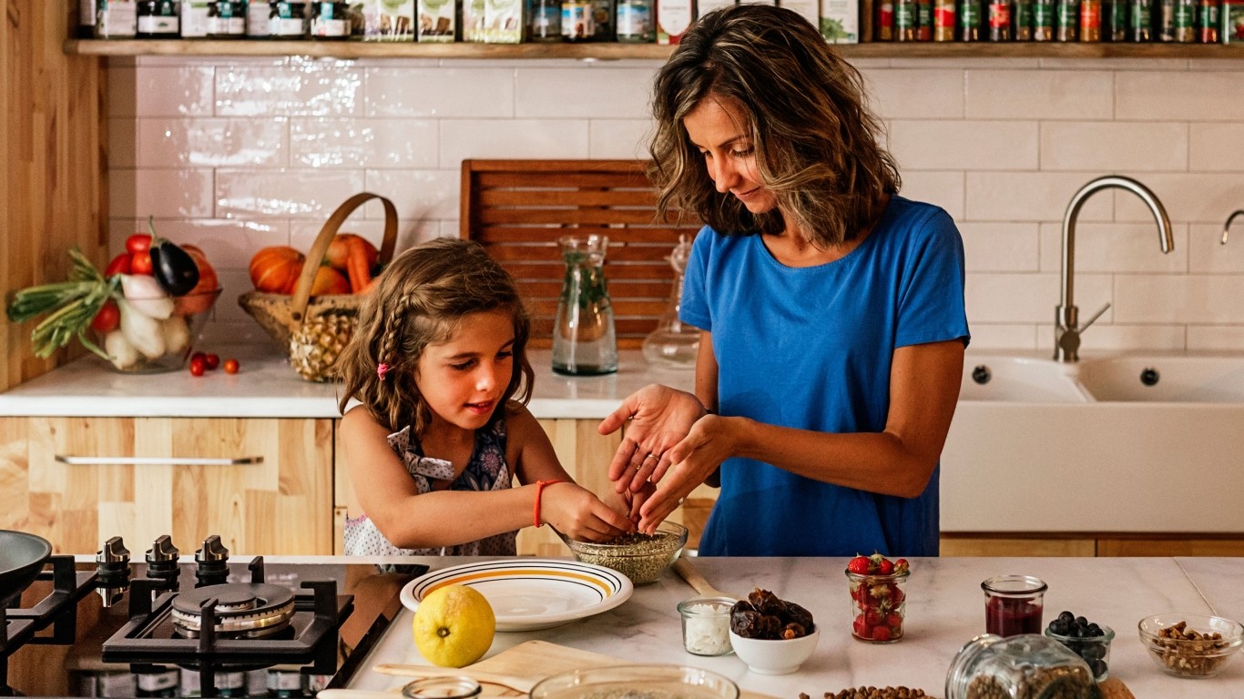 Una mamá cocinando con sus dos hijas.