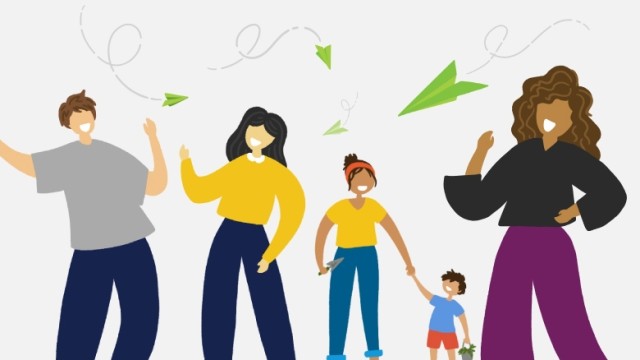 Five caricature people waving with four paper airplanes flying in the background
