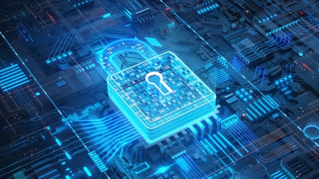 Locked blue padlock with technology digital design.