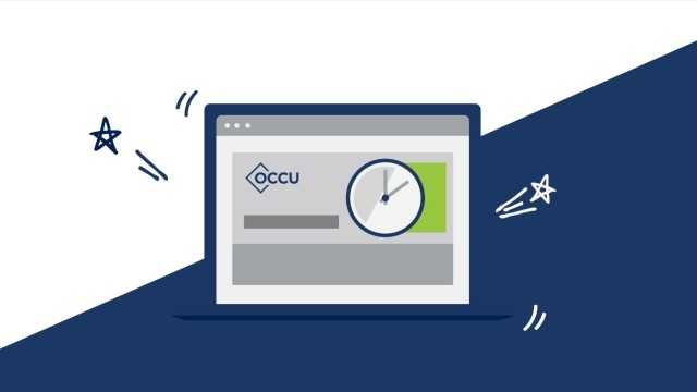 Computer with OCCU logo, a clock and doodles.