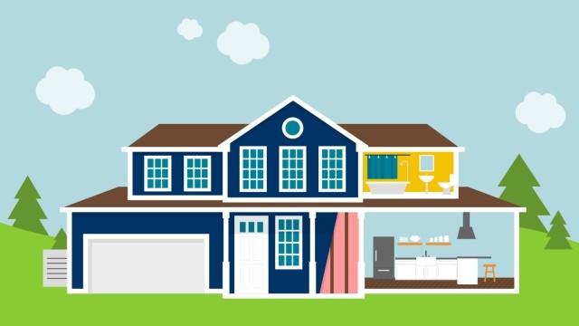 Blue house with open kitchen & bathroom illustration