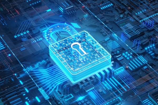 Locked blue padlock with technology digital design.