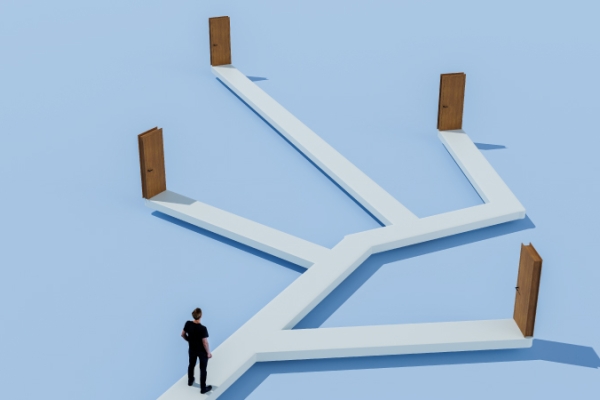 Caricature man choosing between four pathways and doors.