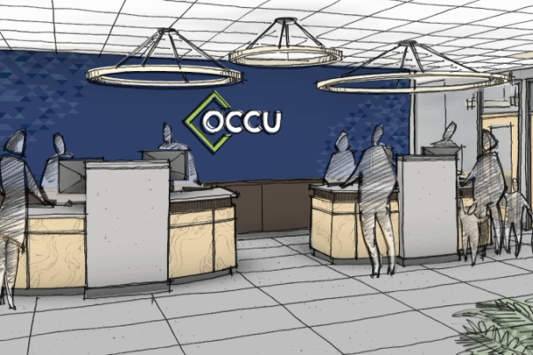 Interior rendering of a credit union branch with OCCU logo.