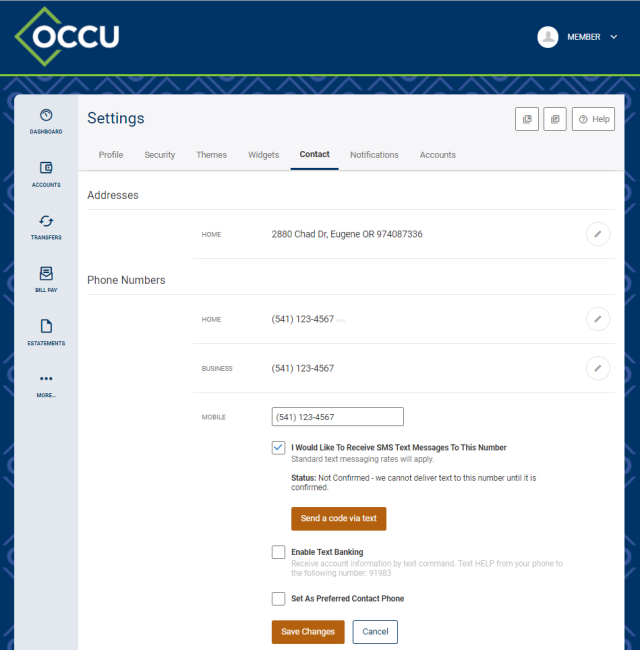 digital banking contact settings
