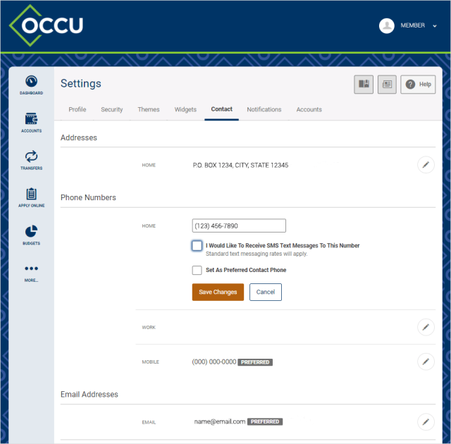 Digital banking settings menu